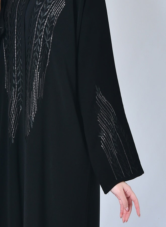 HAWRAA ABAYA Black wrap abaya with embroidery on both sides of the abaya and sleeves in black and dark grey - Image 5